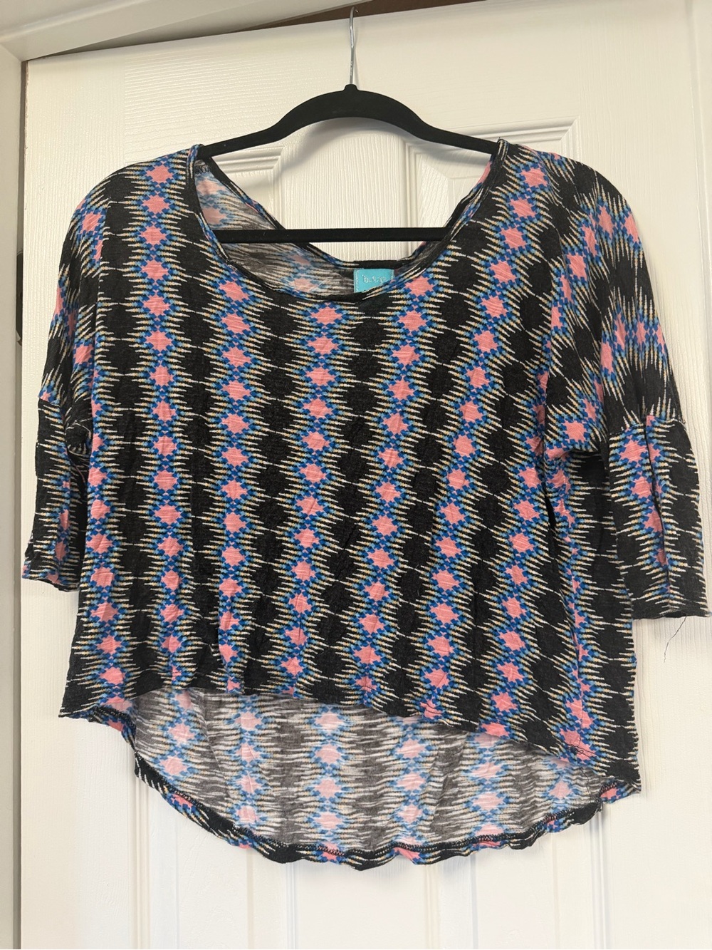 Nordstrom Black Tunic Top with Pink and Blue Geometric Print